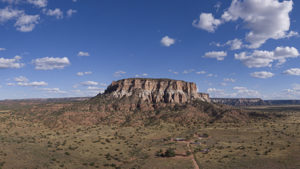 Aerial panorama, Dowa Yalanne near Black Rock (left) and Zuni (right), NM, on September 9, 2019.