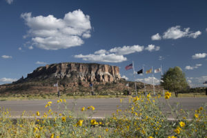 Dowa Yalanne is seen beyond the Veterans Memorial at Zuni, NM, on September 9, 2019.